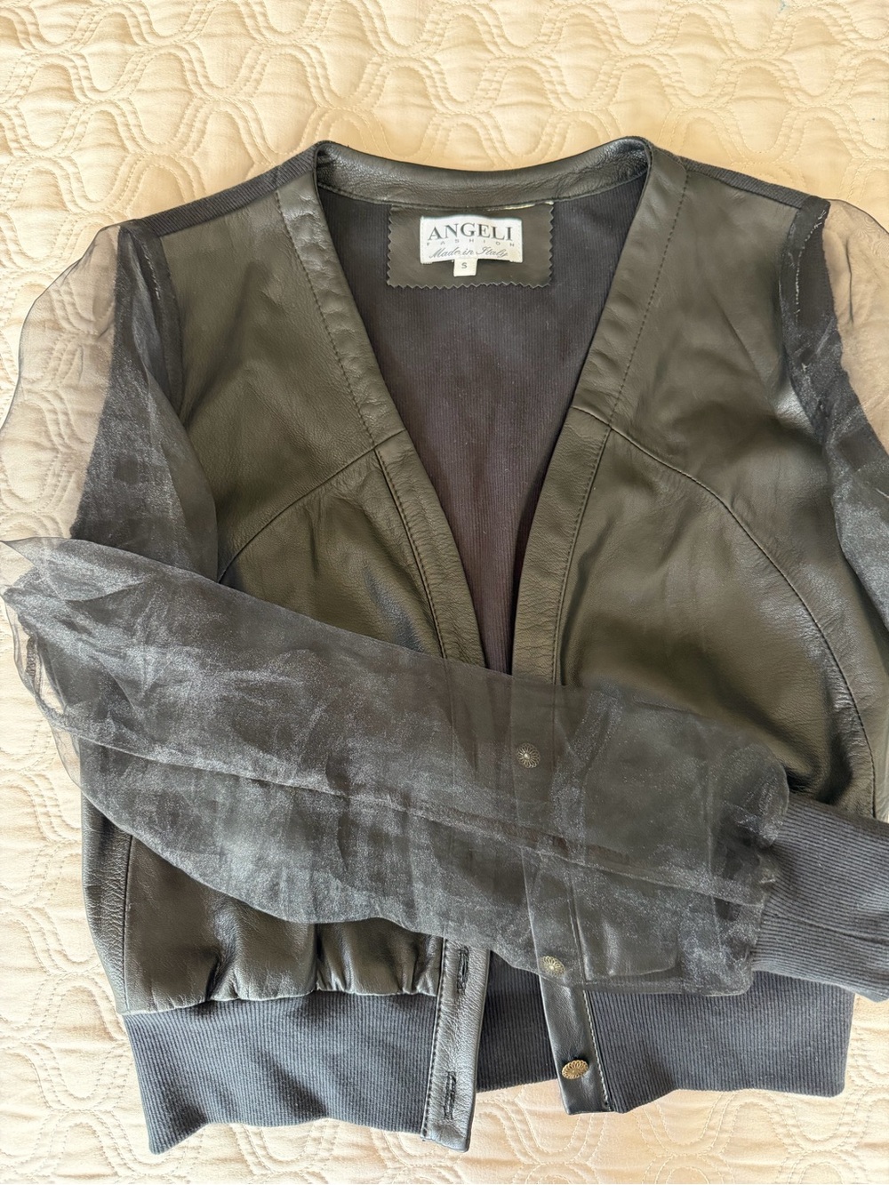 Angeli Black Leather Bomber Jacket with Sheer Sleeves